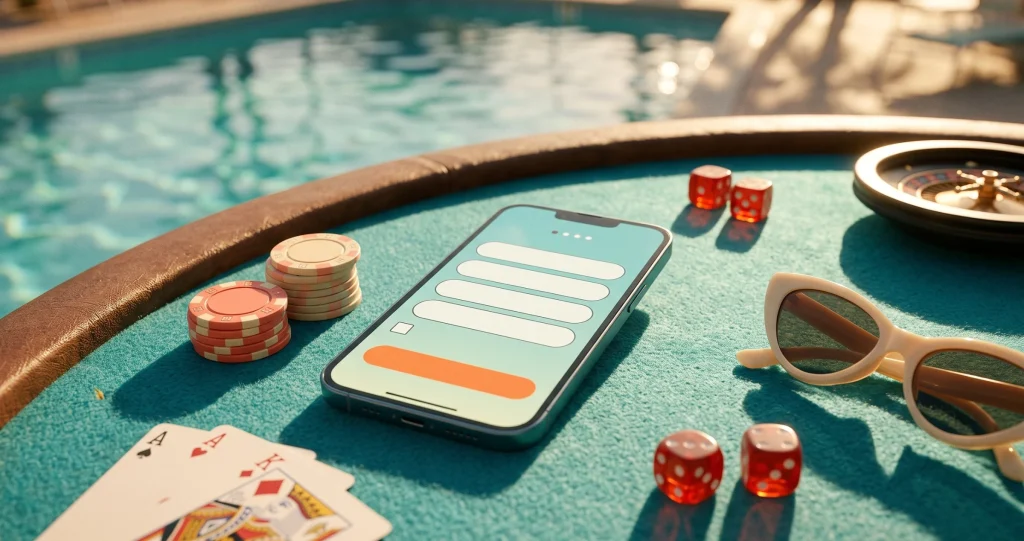 Havuz kenarındaki casino masasında üyelik formu açık telefon, çipler, zarlar ve oyun kartları