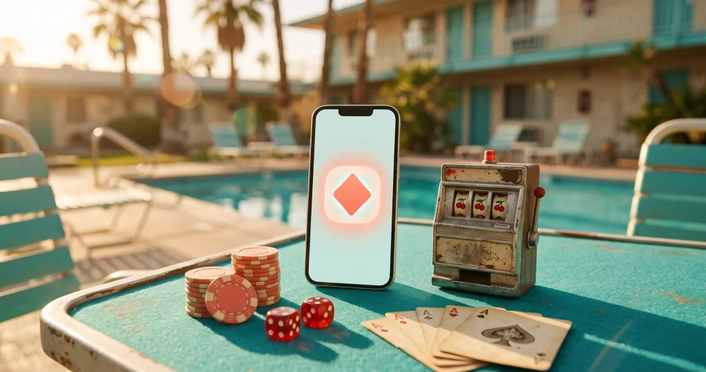 DaVegas mobil uygulama simgesi açık telefon, havuz kenarında çipler, zarlar ve slot makinesi