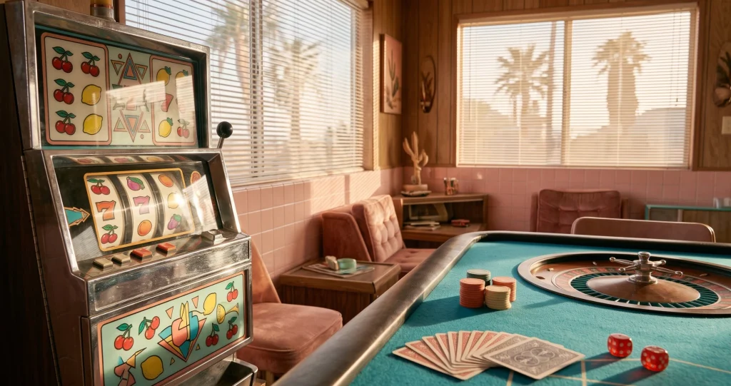 DaVegas casino lobisini anlatan retro salonda slot makinesi, rulet masası, çipler ve oyun kartları