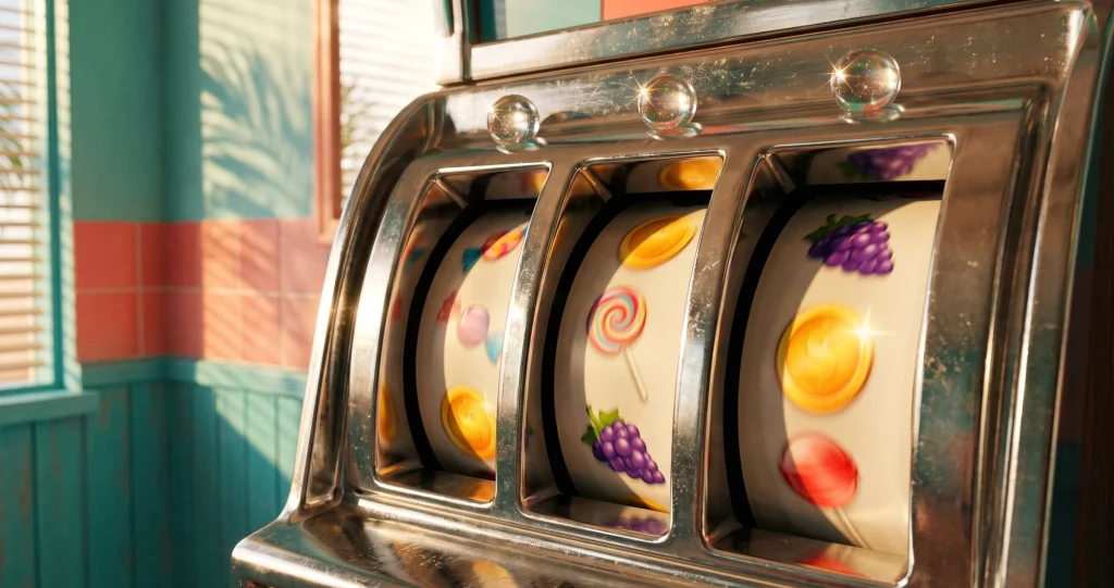 Retro krom slot makinesinde şekerler, lolipoplar ve altın jetonlarla dönen üç makara